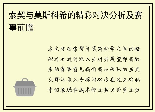 索契与莫斯科希的精彩对决分析及赛事前瞻